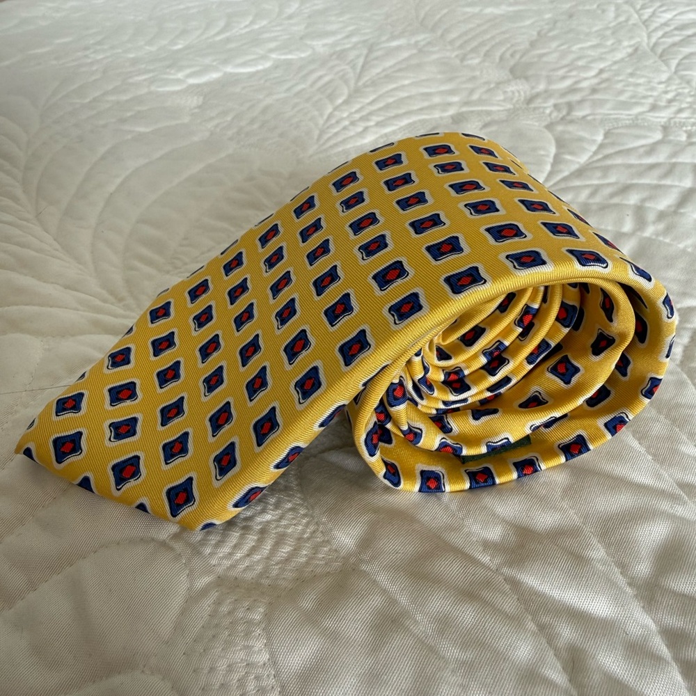 Ralph Lauren Hand Made Yellow Silk Tie with Navy and Red Diamond Motif